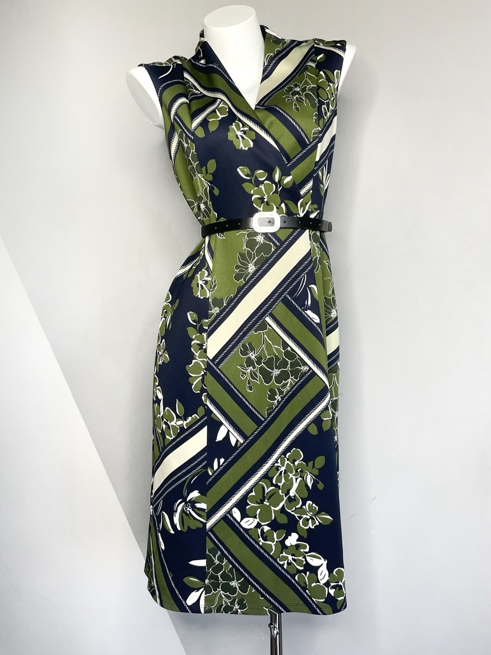 Enfocus Studio Navy and Green Geo-Print Midi Sheath Dress With Belt